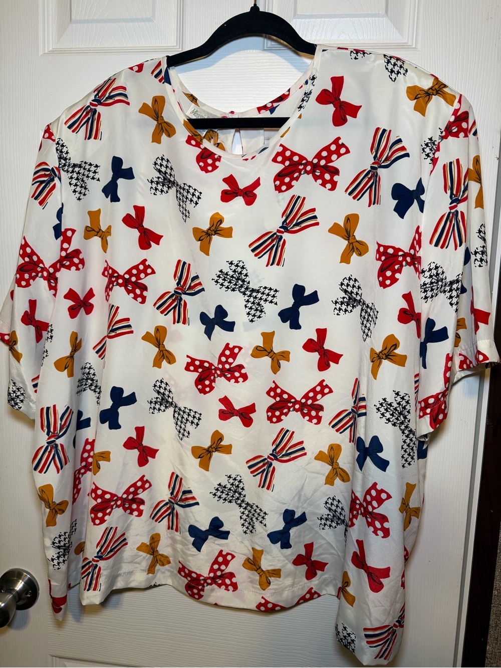 Maggie Barnes Ivory Bow Print Top with Red, Navy & Mustard Accents